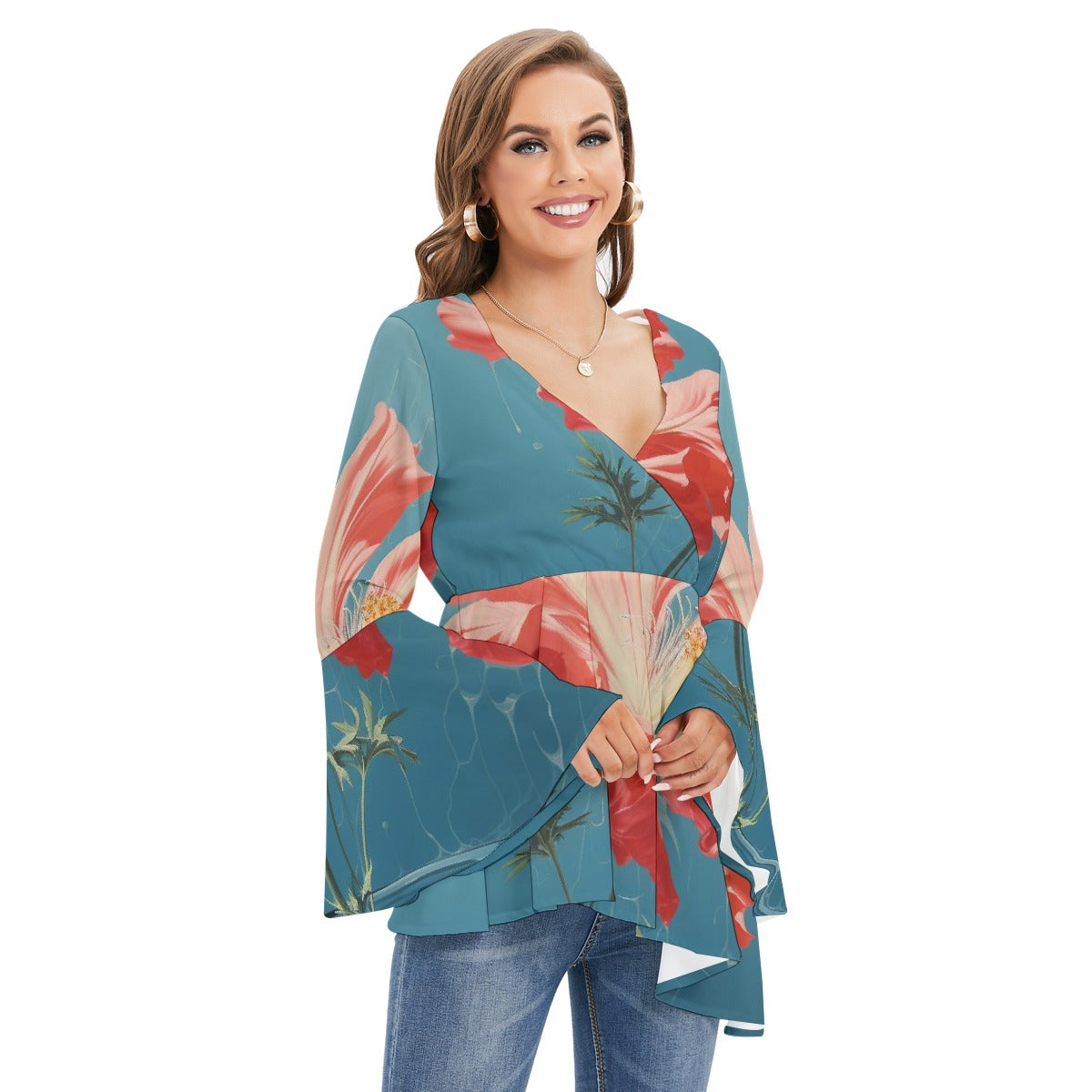 All-Over Print Women's V-neck Blouse With Flared Sleeves