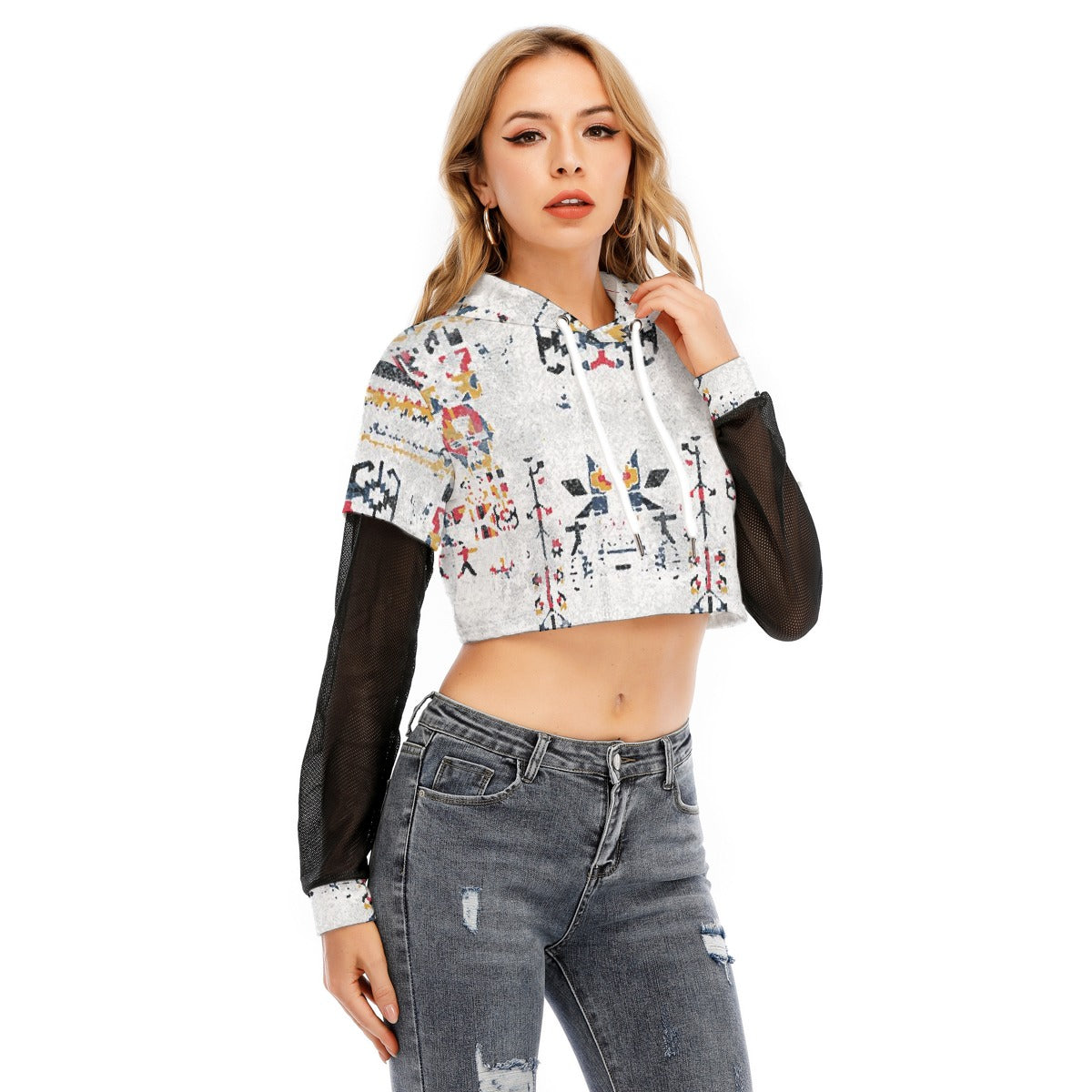 All-Over Print Women's Fake Two-piece Mesh Sleeve Cropped Hoodie