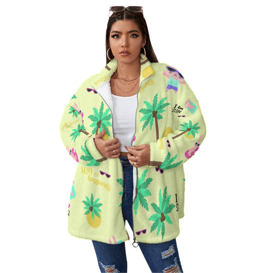 All-Over Print Unisex Borg Fleece Stand-up Collar Coat With Zipper Closure(Plus Size)