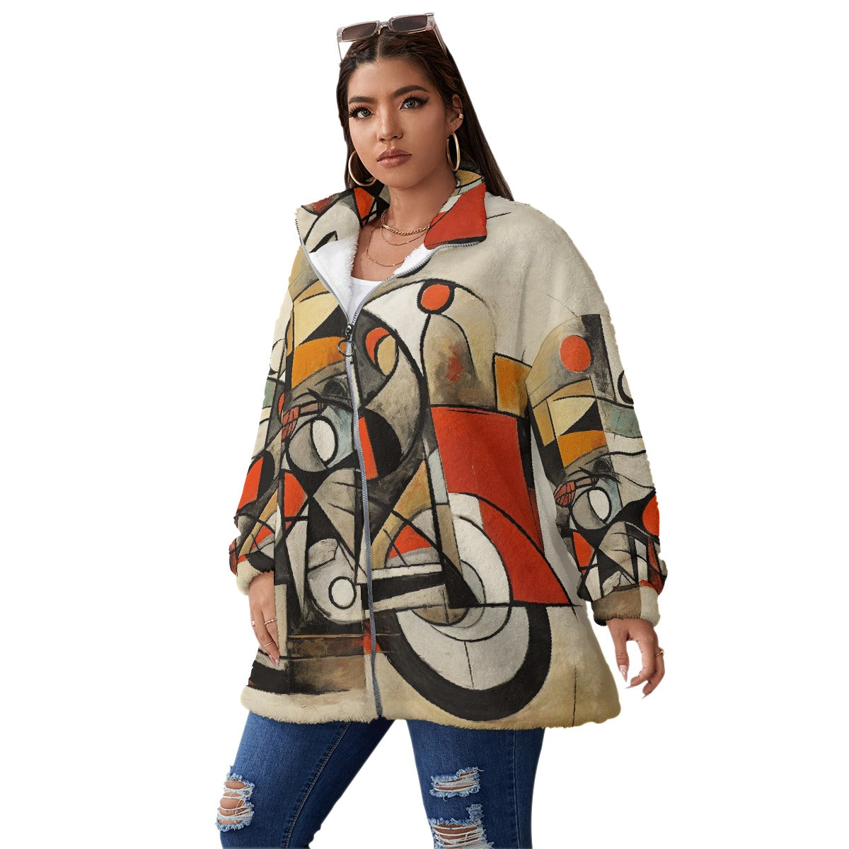 All-Over Print Unisex Borg Fleece Stand-up Collar Coat With Zipper Closure(Plus Size)