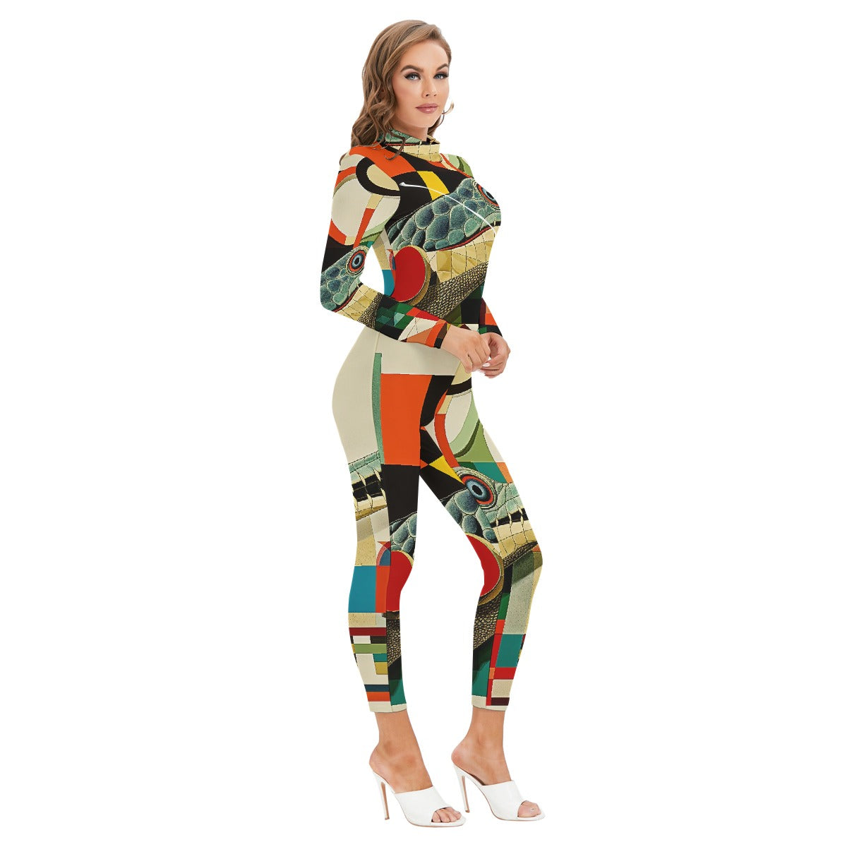 All-Over Print Women's Long-sleeved High-neck Jumpsuit With Zipper