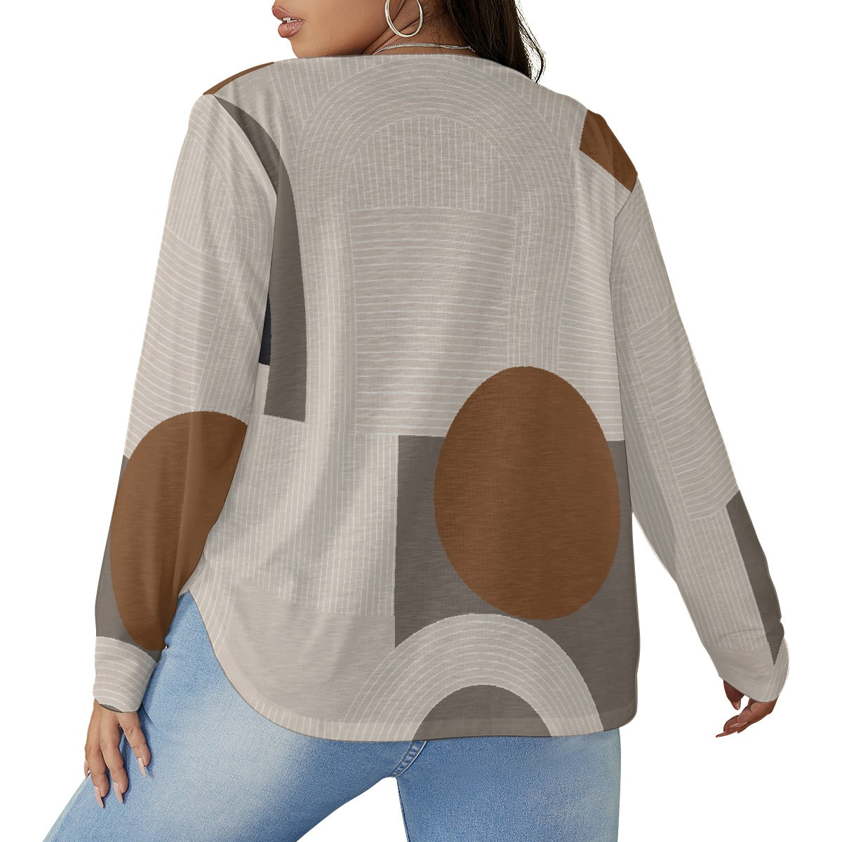 All-Over Print Women's V-neck T-shirt With Curved Hem(Plus Size)