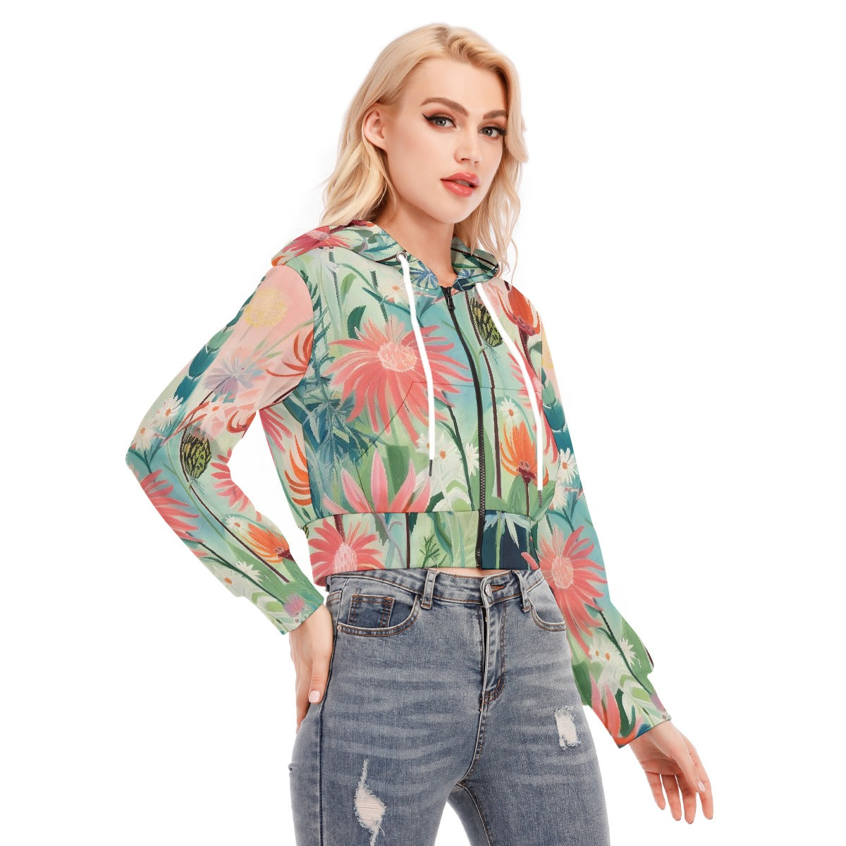 All-Over Print Women's Crop Top Hoodie With Zipper Closure