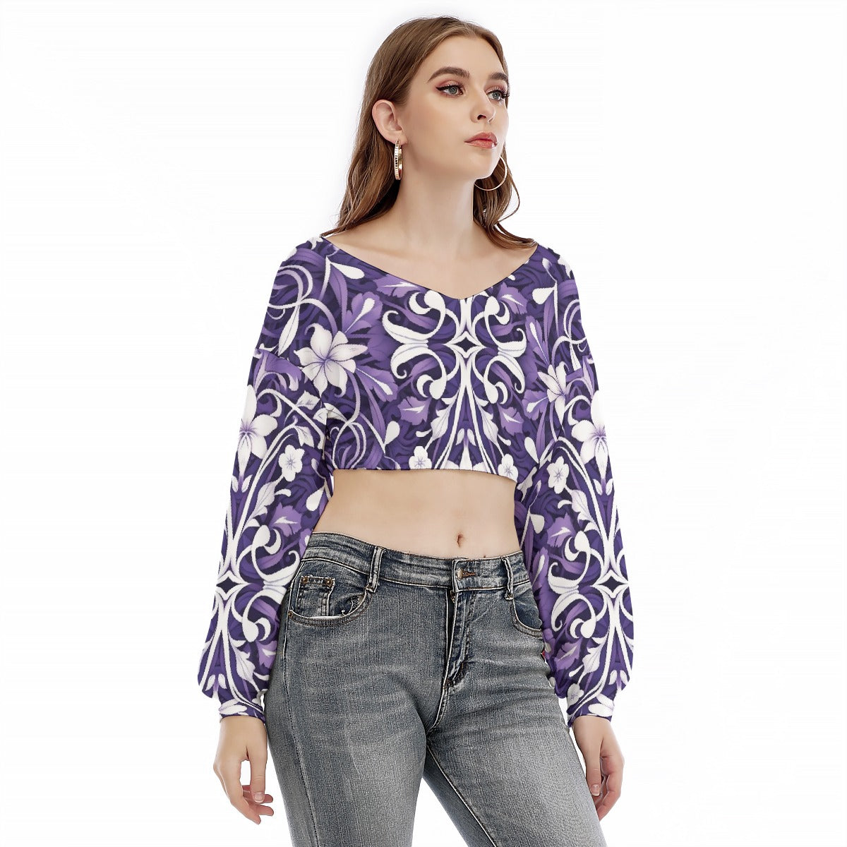 All-Over Print Women's V-neck Long Sleeve Cropped Sweatshirt