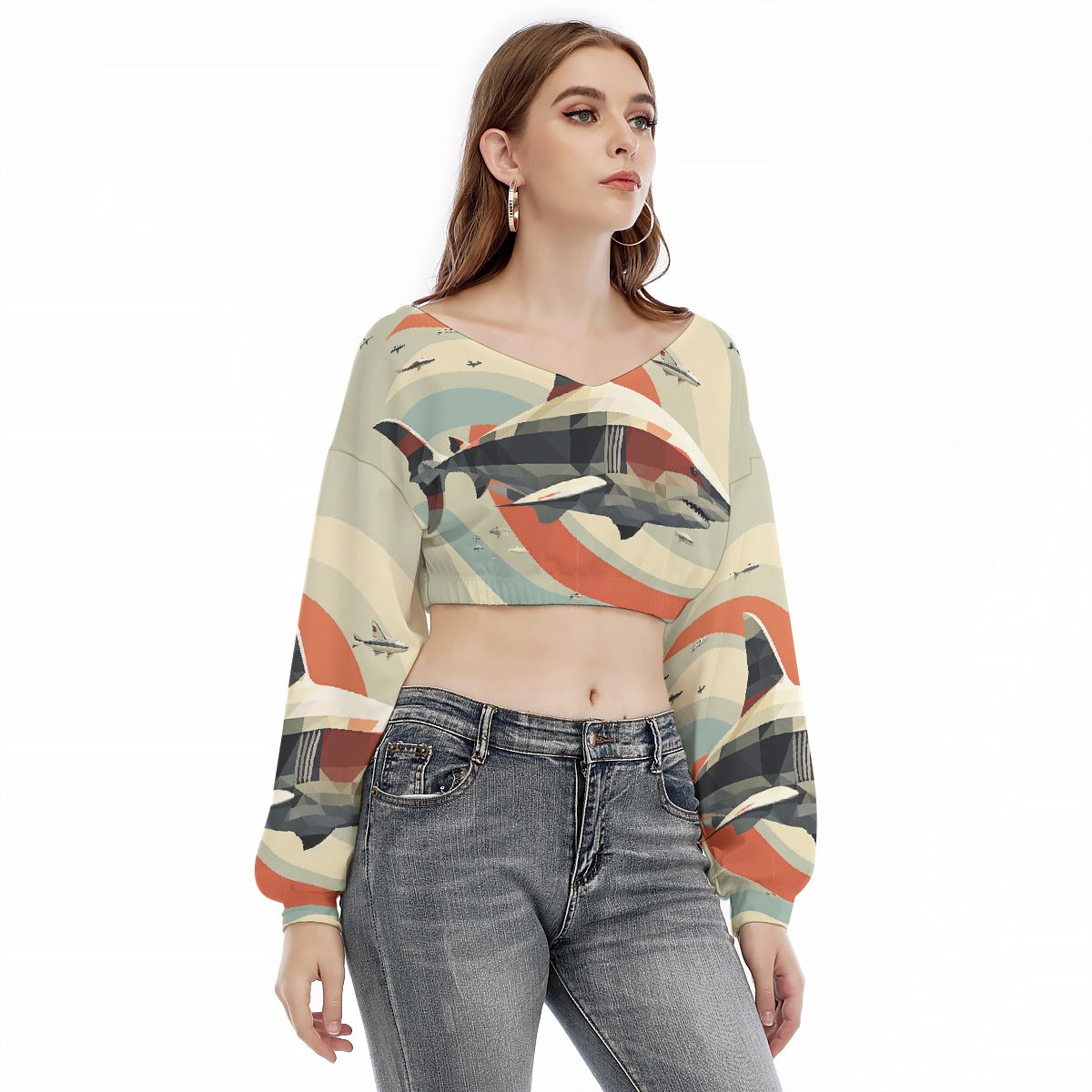All-Over Print Women's V-neck Long Sleeve Cropped Sweatshirt