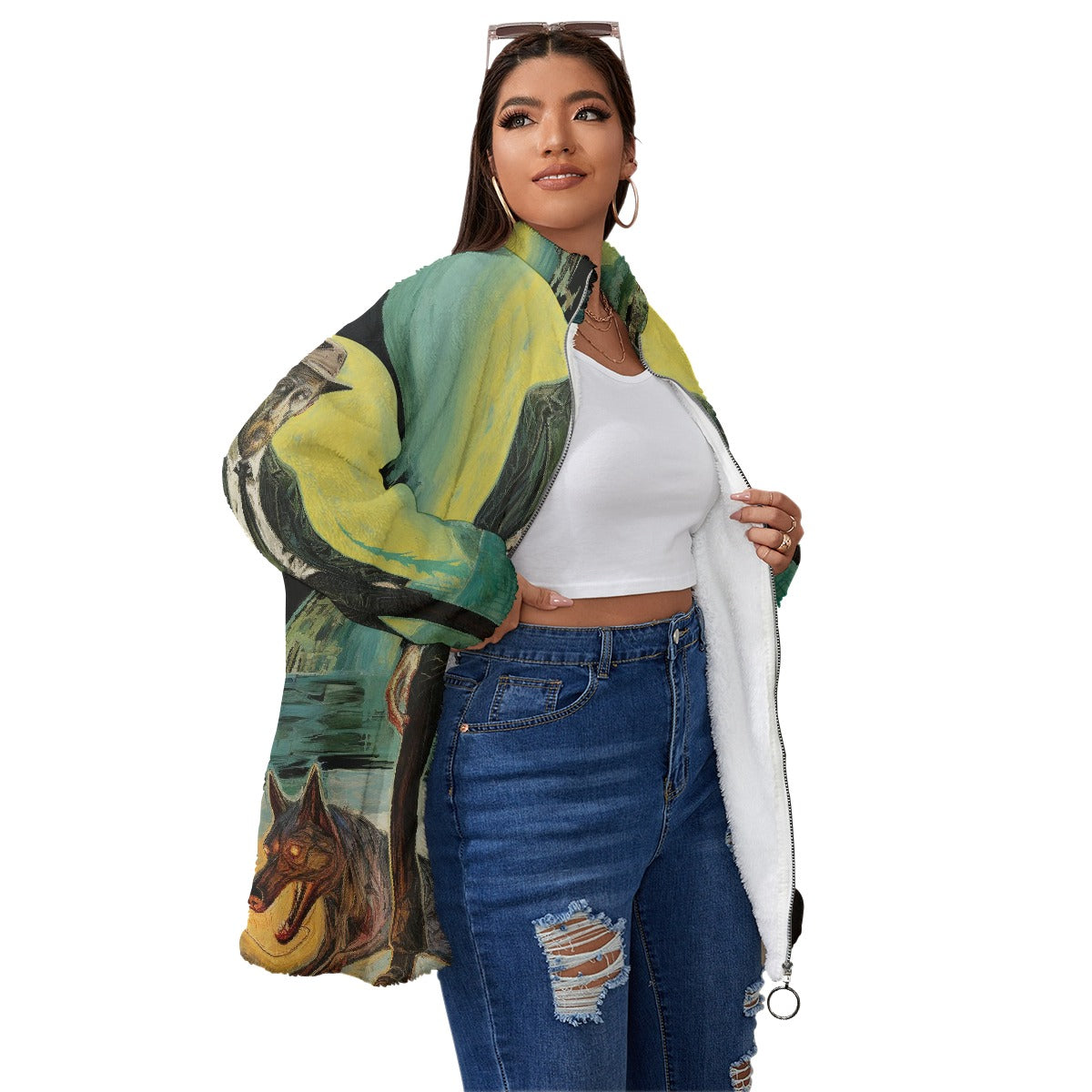 All-Over Print Unisex Borg Fleece Stand-up Collar Coat With Zipper Closure(Plus Size)