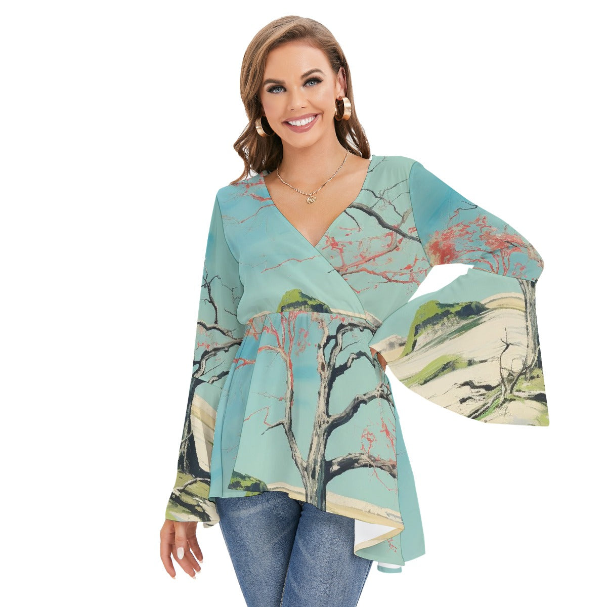 All-Over Print Women's V-neck Blouse With Flared Sleeves