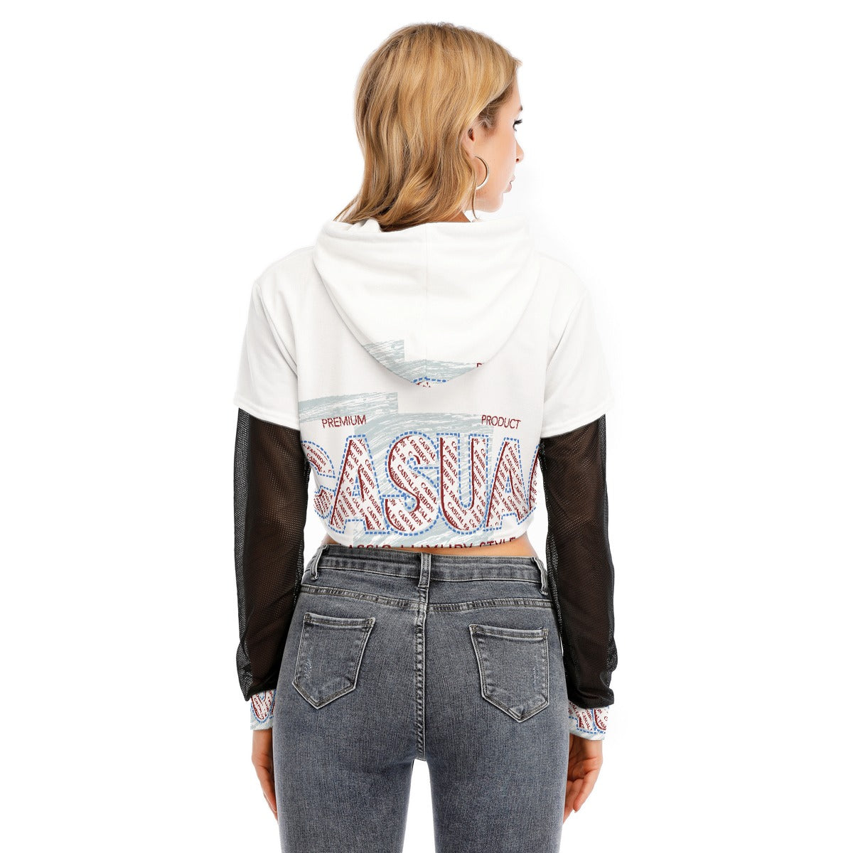 All-Over Print Women's Fake Two-piece Mesh Sleeve Cropped Hoodie