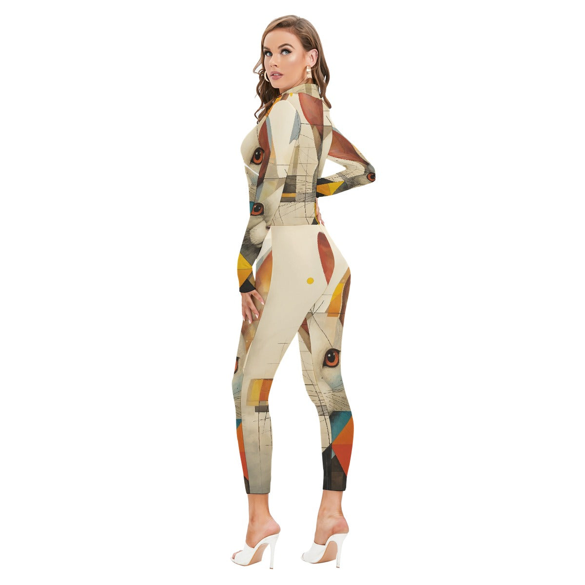 All-Over Print Women's Long-sleeved High-neck Jumpsuit With Zipper
