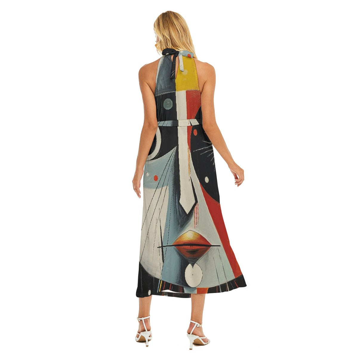 All-Over Print Women's Wrap Hem Belted Halter Dress