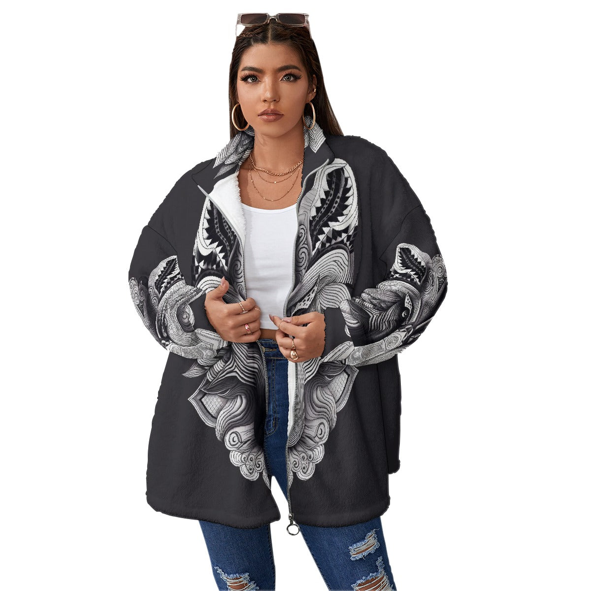 All-Over Print Unisex Borg Fleece Stand-up Collar Coat With Zipper Closure(Plus Size)