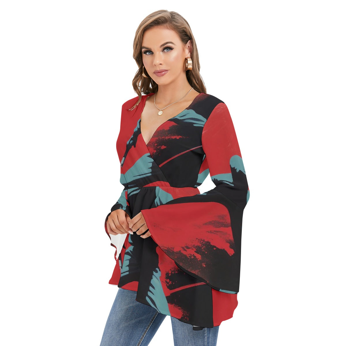 All-Over Print Women's V-neck Blouse With Flared Sleeves
