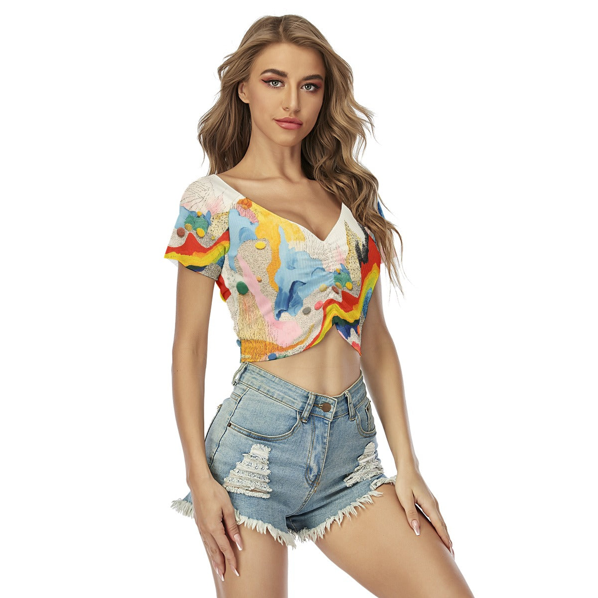 All-Over Print Women's Raglan Drawstring Front  Crop Tee
