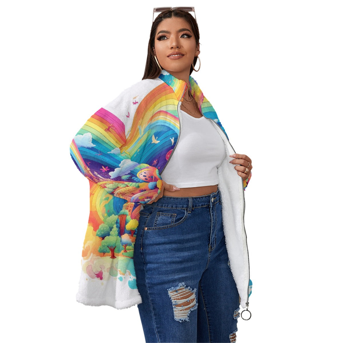 All-Over Print Unisex Borg Fleece Stand-up Collar Coat With Zipper Closure(Plus Size)