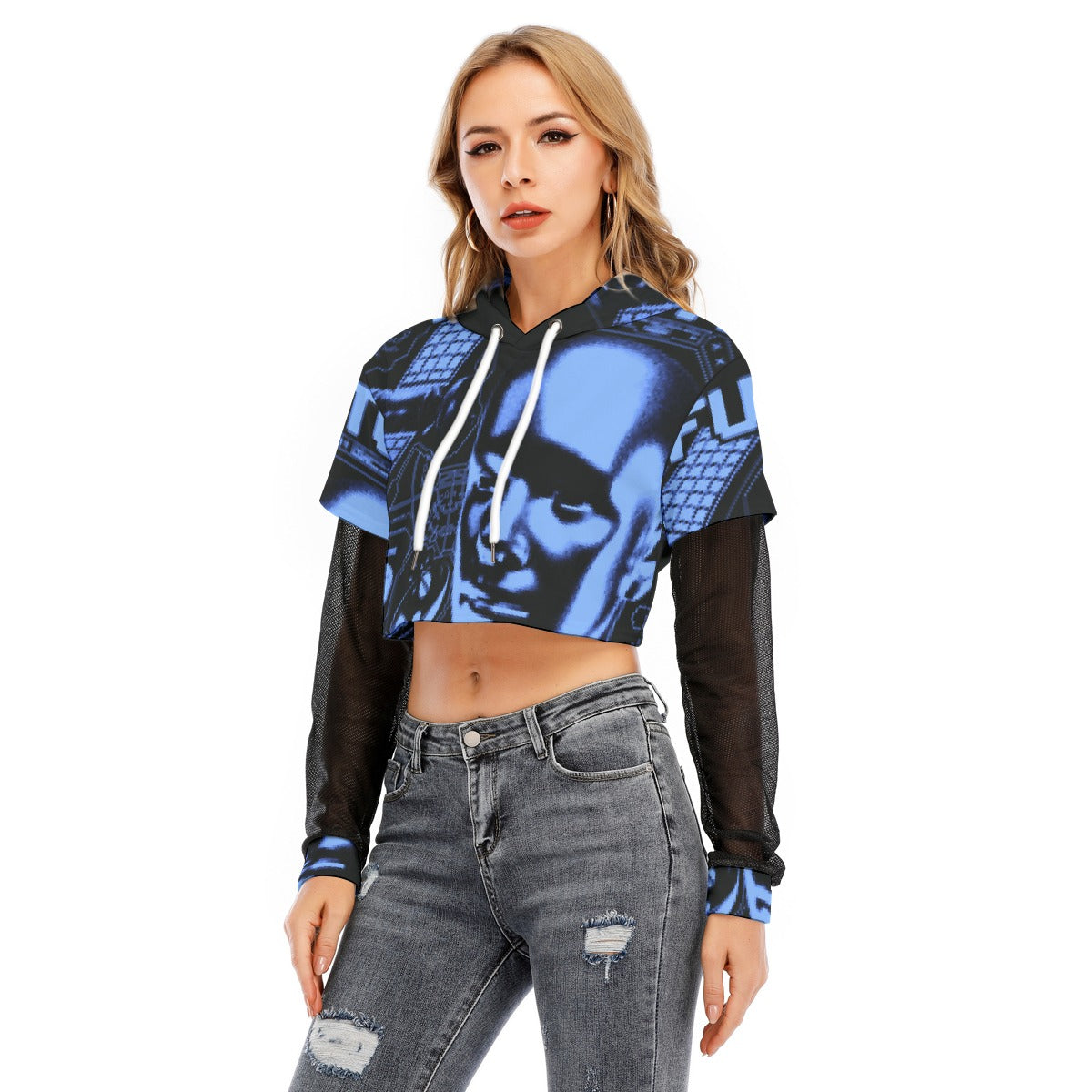 All-Over Print Women's Fake Two-piece Mesh Sleeve Cropped Hoodie