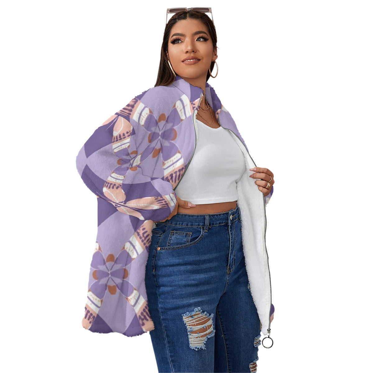 All-Over Print Unisex Borg Fleece Stand-up Collar Coat With Zipper Closure(Plus Size)