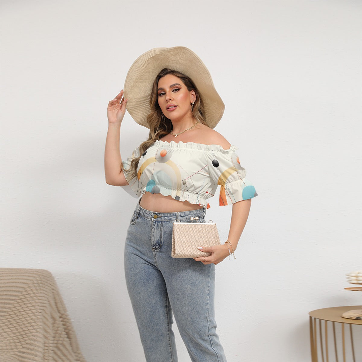All-Over Print Women's Off-shoulder Cropped Top With Short Puff Sleeve