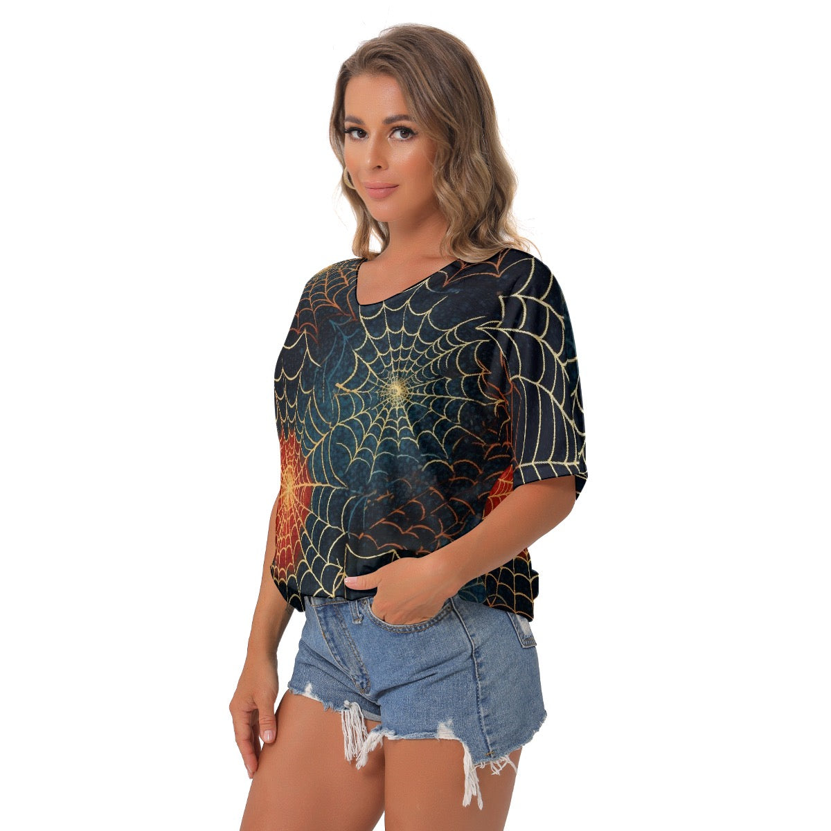 All-Over Print Women's Bat Sleeves V-Neck Blouse