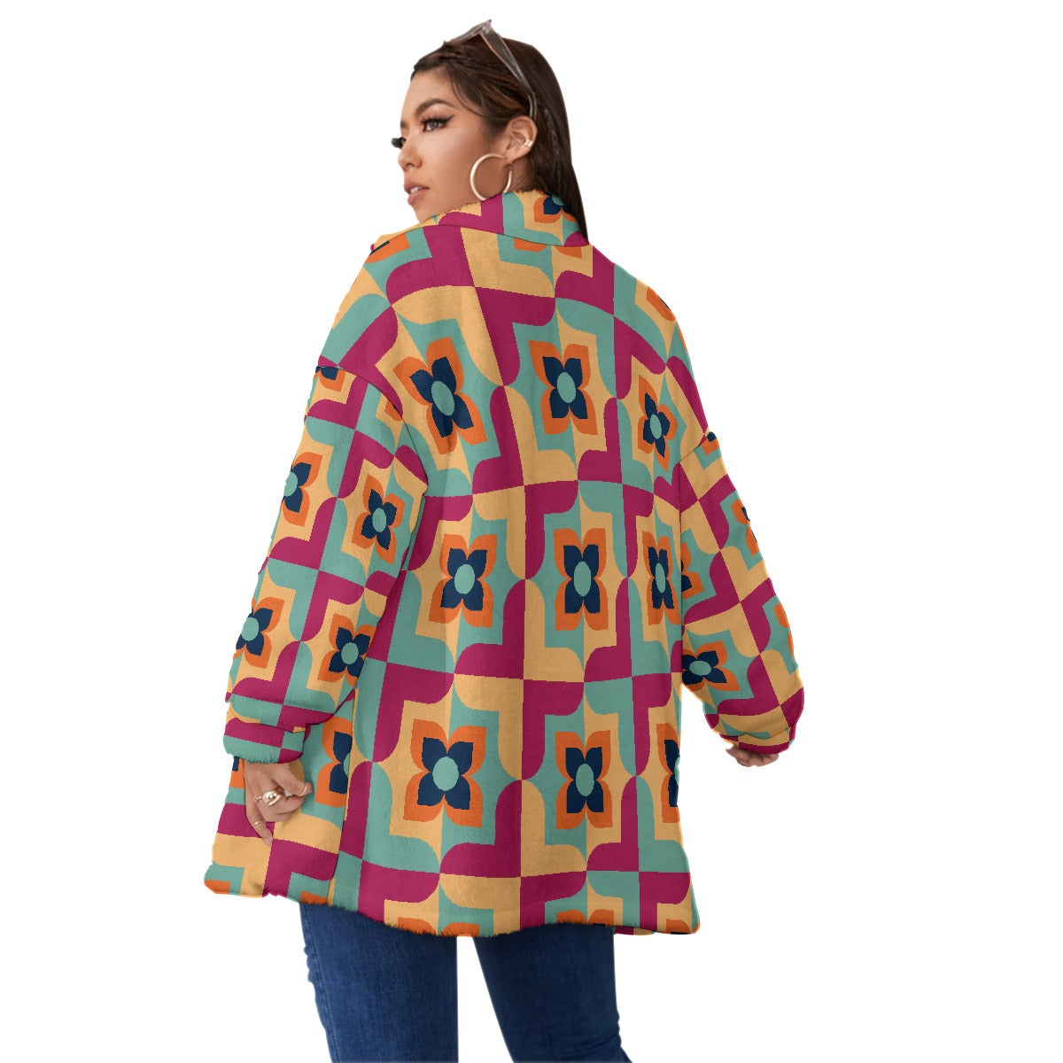 All-Over Print Unisex Borg Fleece Stand-up Collar Coat With Zipper Closure(Plus Size)
