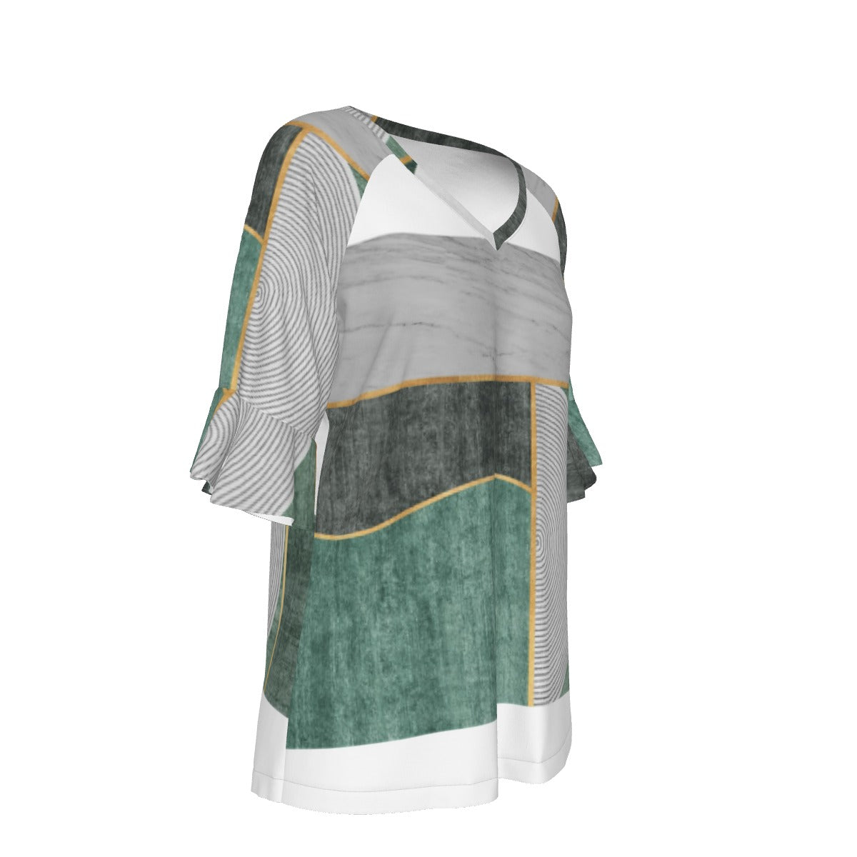 All-Over Print V-neck Women's T-shirt With Bell Sleeve