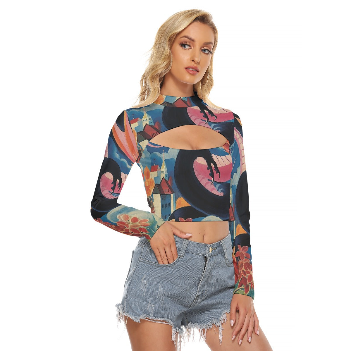 All-Over Print Women's Hollow Chest Keyhole Tight Crop Top