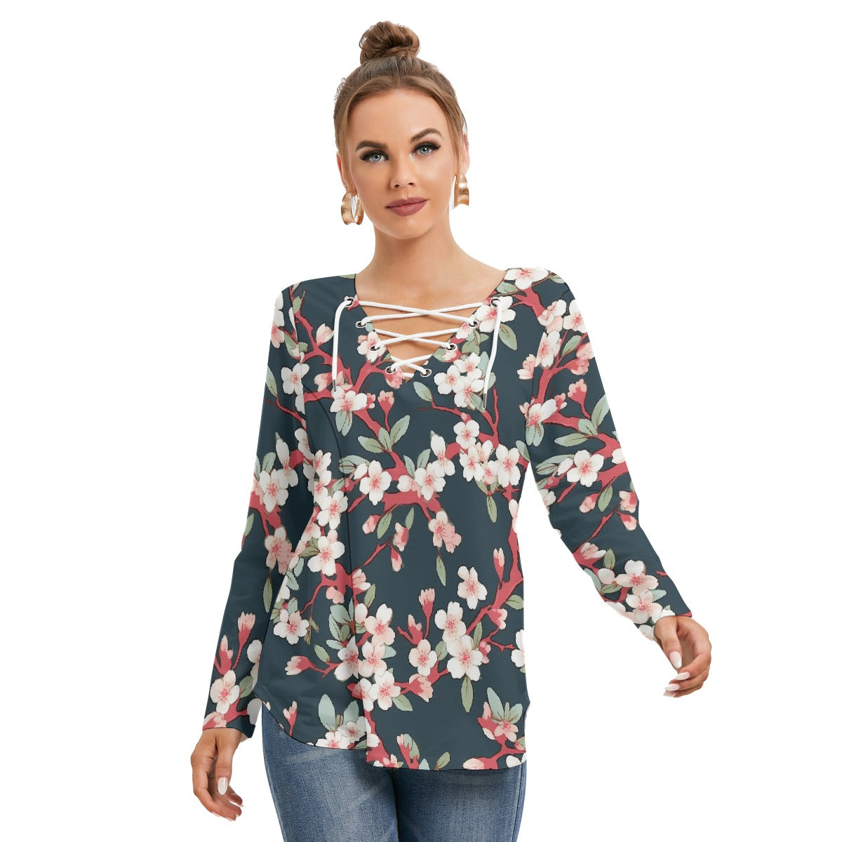 All-Over Print Women's Long Sleeve Neckline Tie Sweatshirt