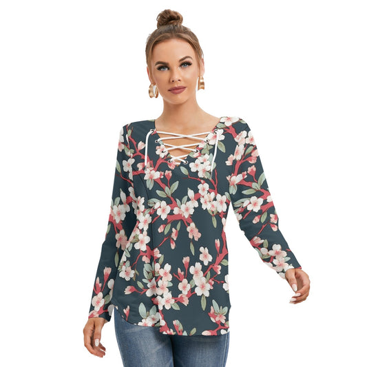 All-Over Print Women's Long Sleeve Neckline Tie Sweatshirt