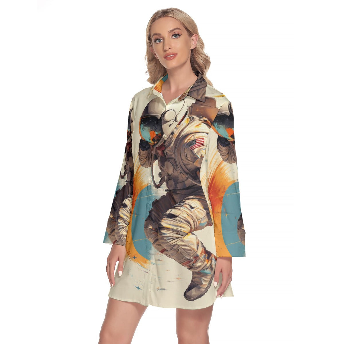 All-Over Print Women's Lapel Shirt Dress With Long Sleeve