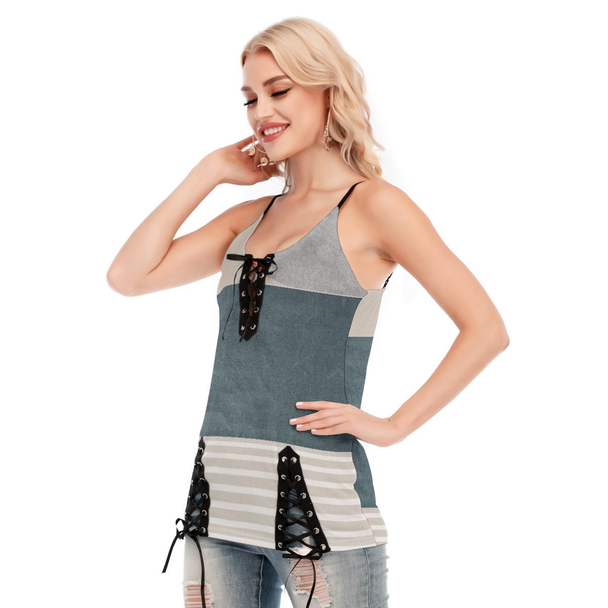 All-Over Print Women's V-neck Eyelet Lace-up Cami Dress