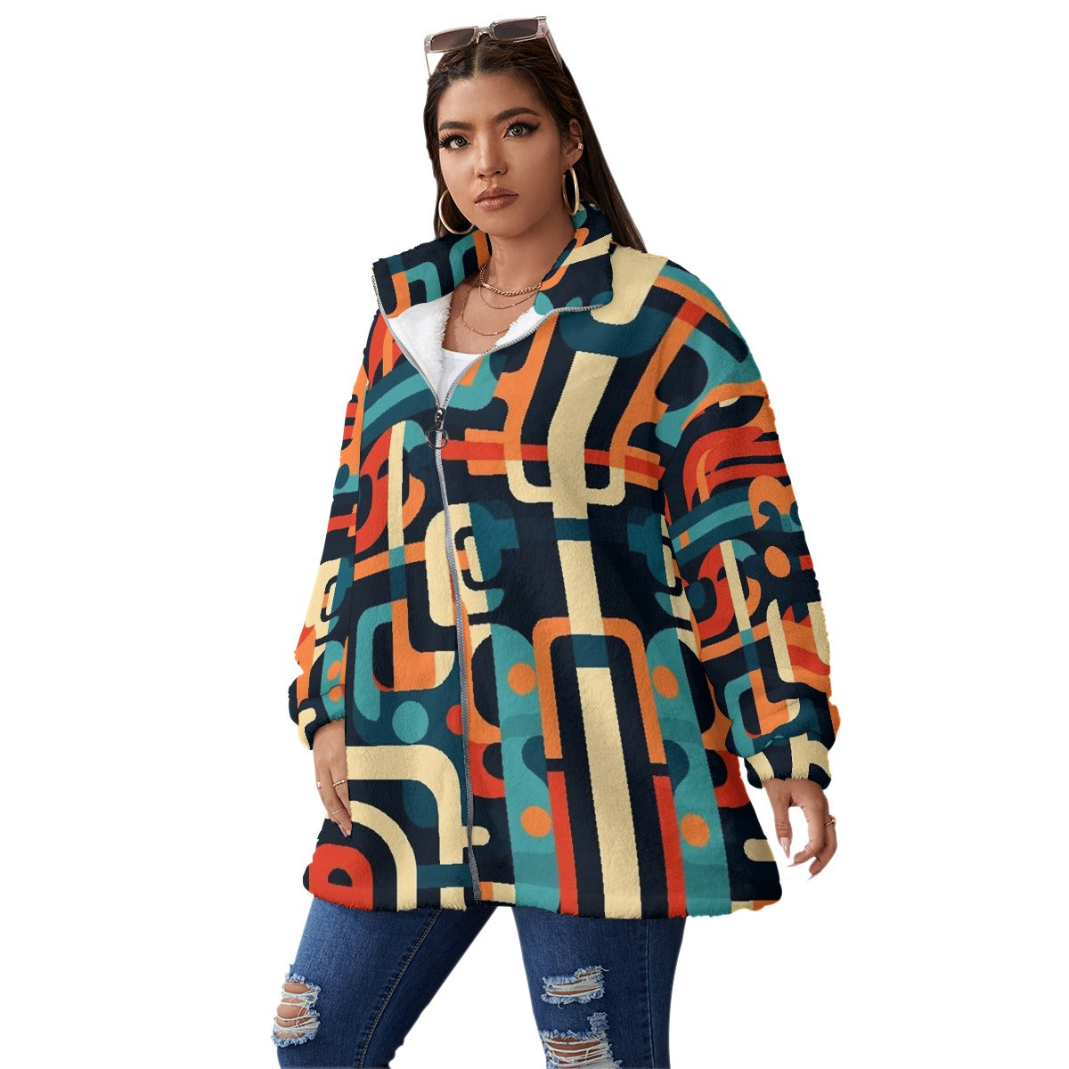 All-Over Print Unisex Borg Fleece Stand-up Collar Coat With Zipper Closure(Plus Size)