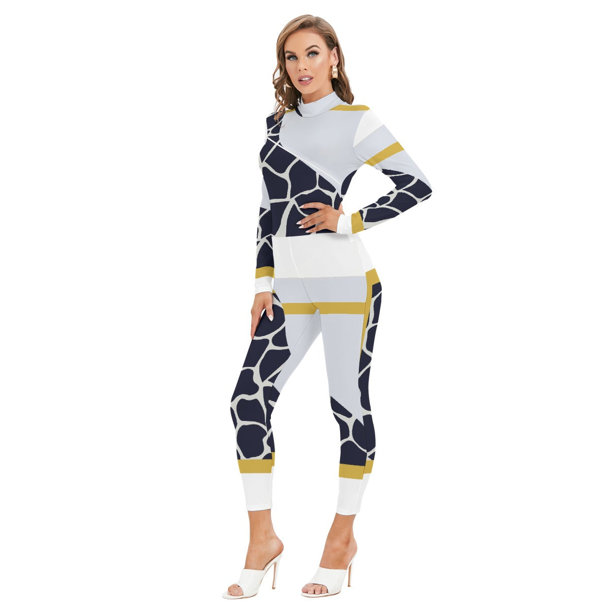 All-Over Print Women's Long-sleeved High-neck Jumpsuit With Zipper