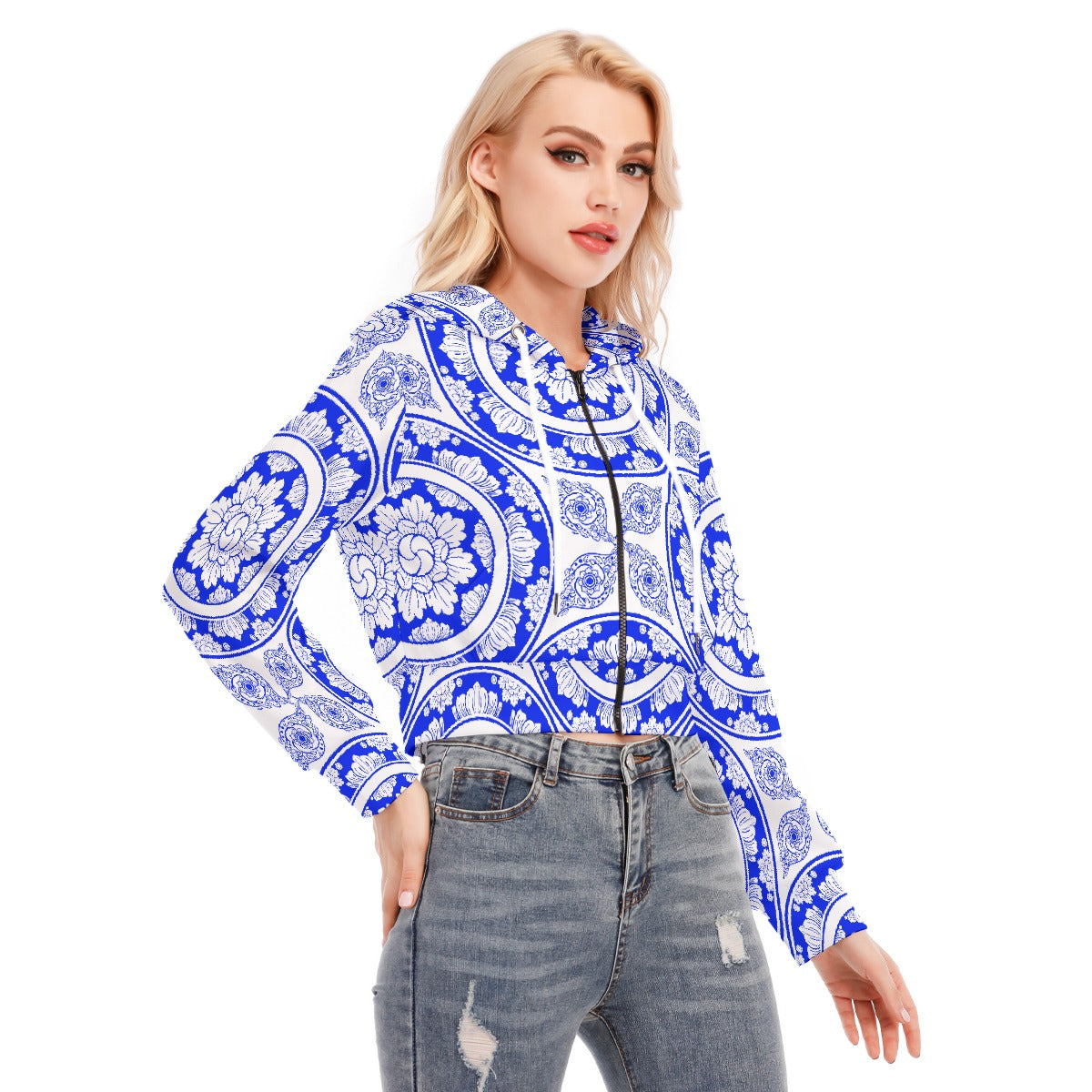 All-Over Print Women's Crop Top Hoodie With Zipper Closure