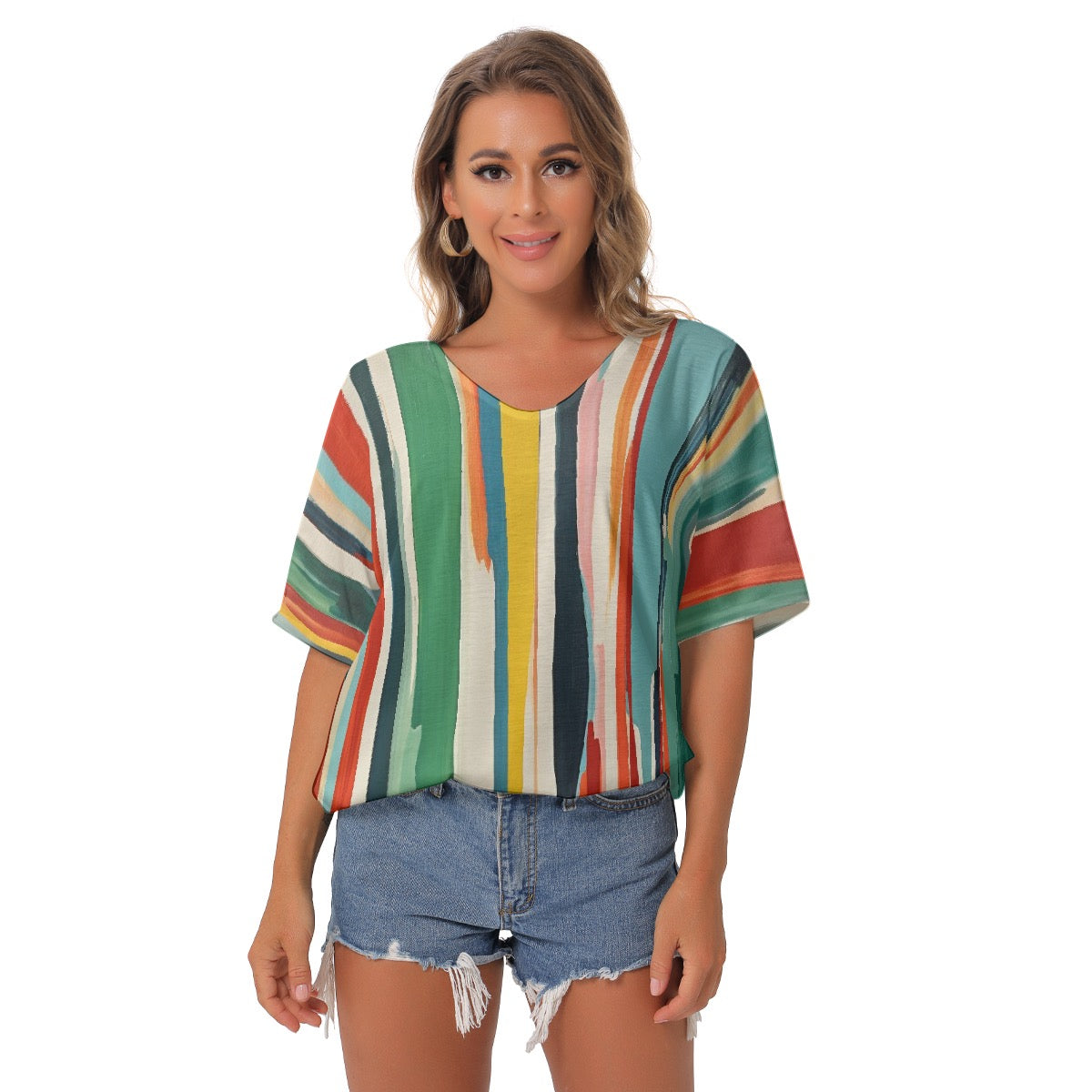 All-Over Print Women's Bat Sleeves V-Neck Blouse