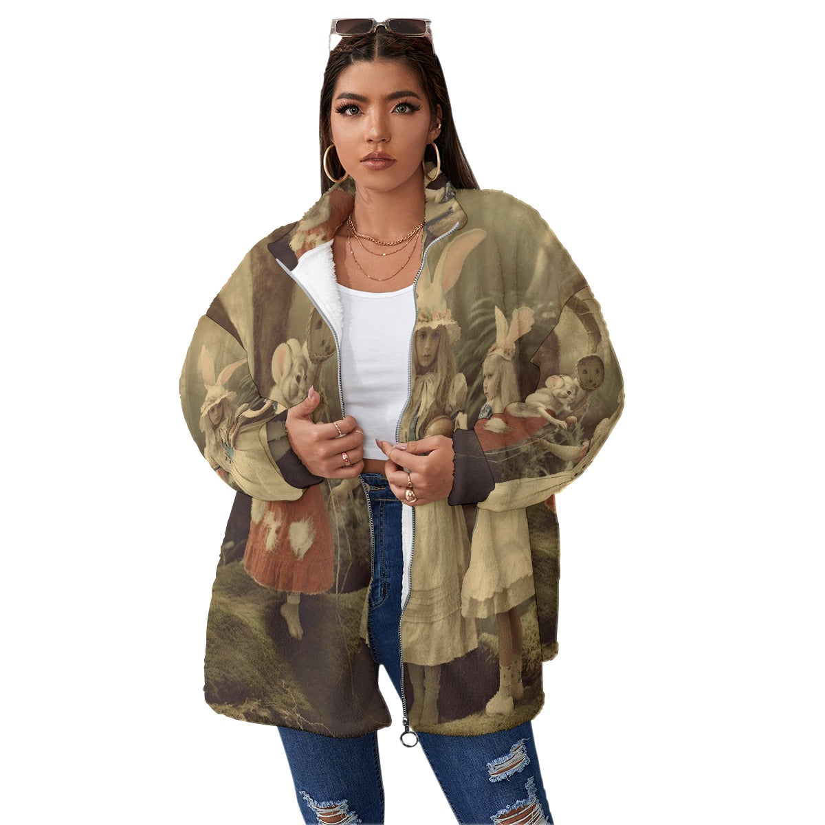 All-Over Print Unisex Borg Fleece Stand-up Collar Coat With Zipper Closure(Plus Size)