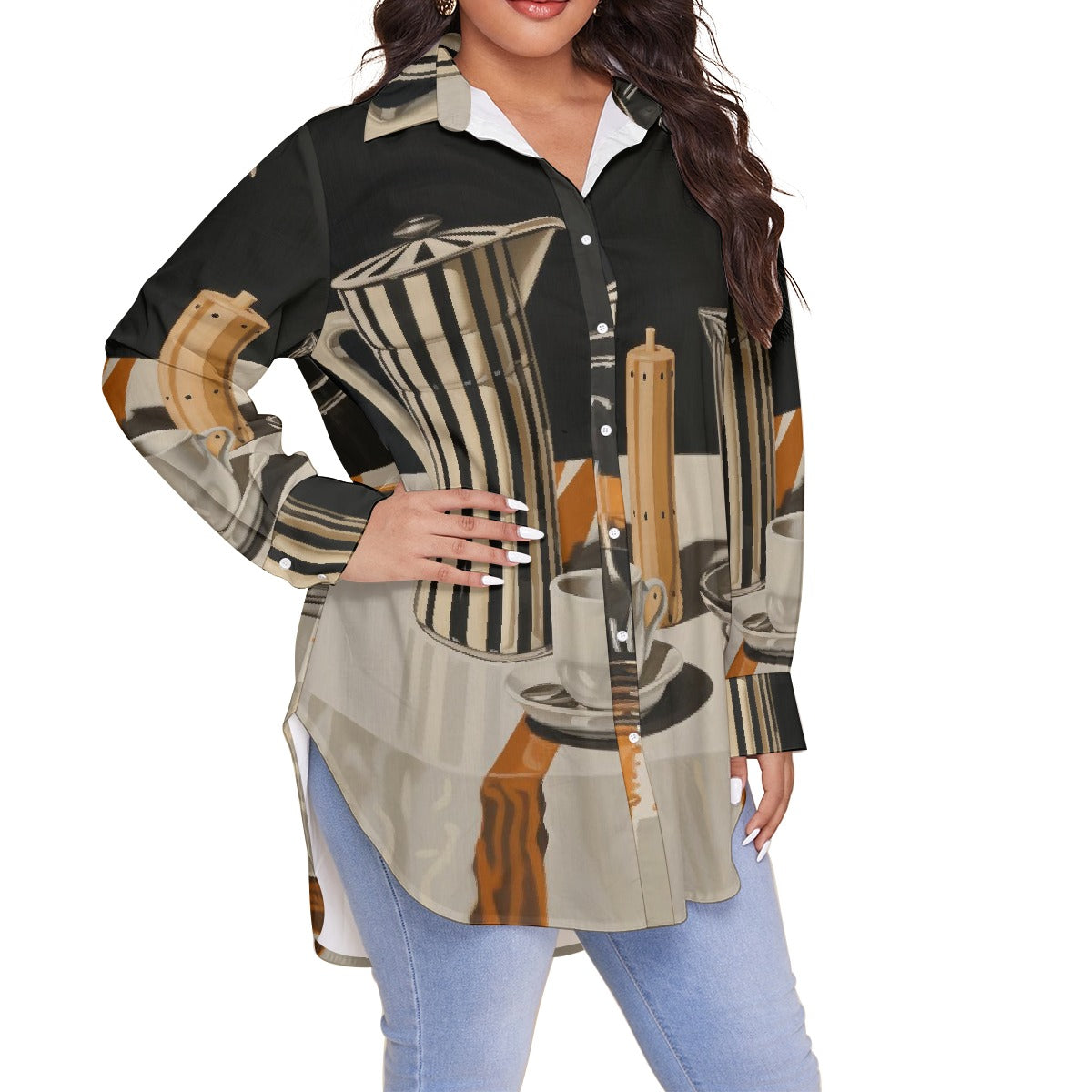 All-Over Print Women's Shirt With Long Sleeve(Plus Size)