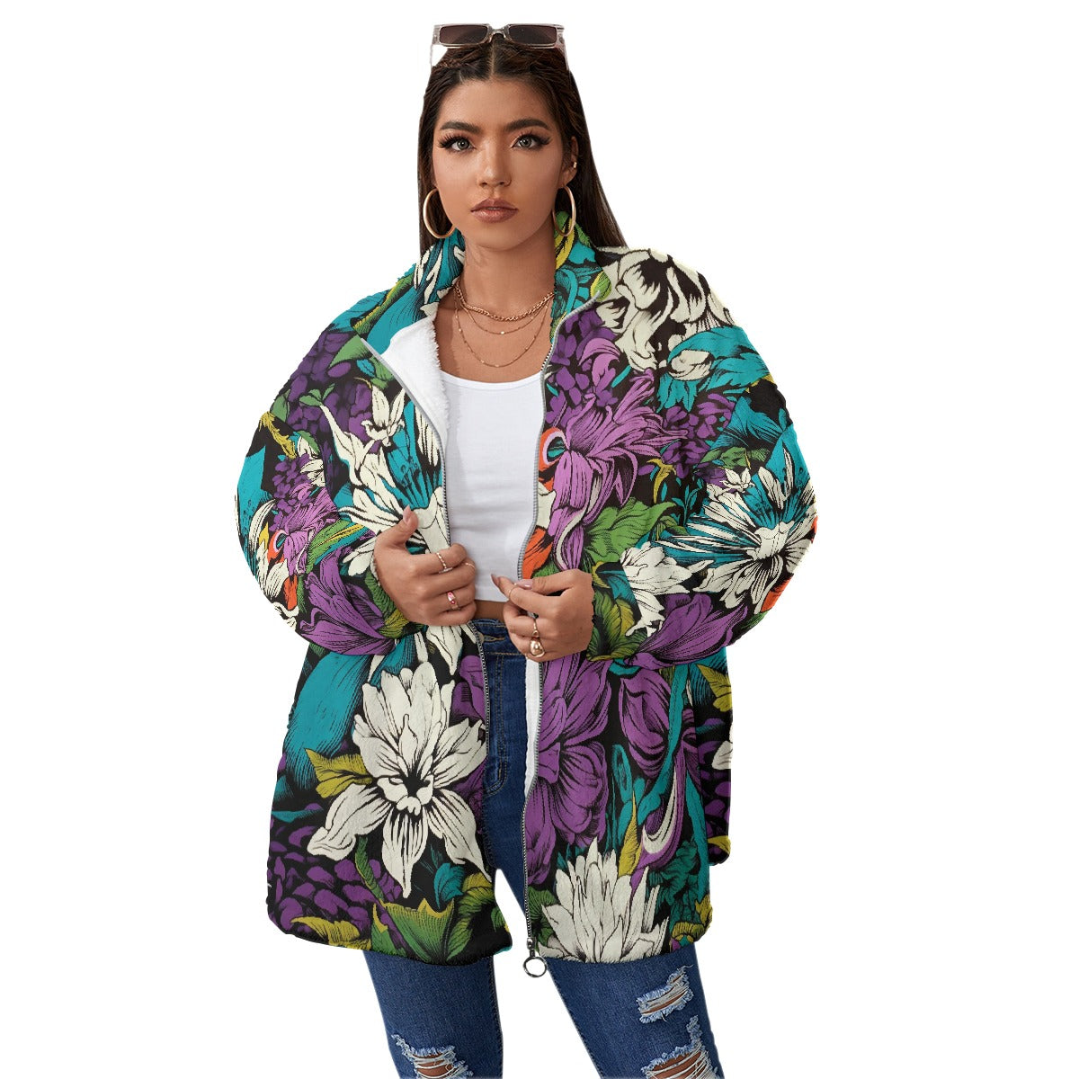All-Over Print Unisex Borg Fleece Stand-up Collar Coat With Zipper Closure(Plus Size)