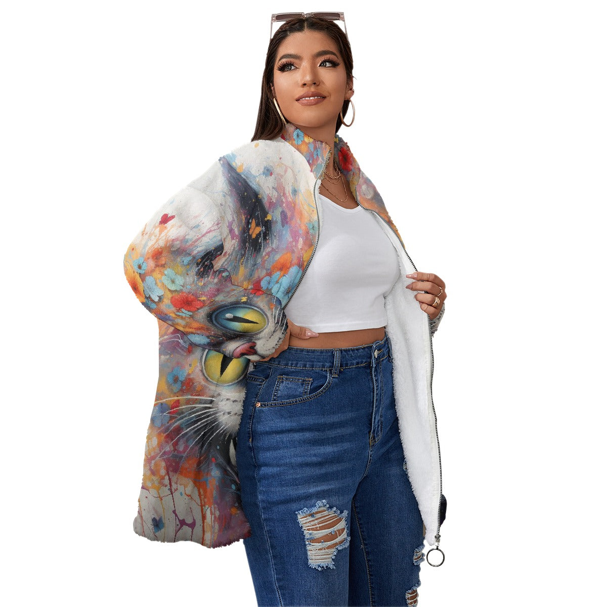 All-Over Print Unisex Borg Fleece Stand-up Collar Coat With Zipper Closure(Plus Size)