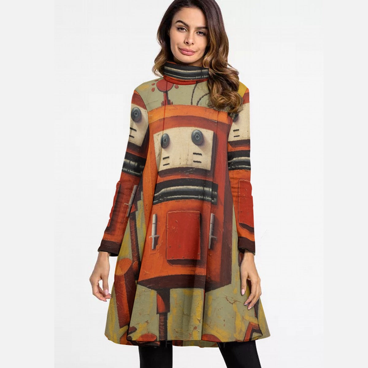All-Over Print Women's High Neck Dress With Long Sleeve
