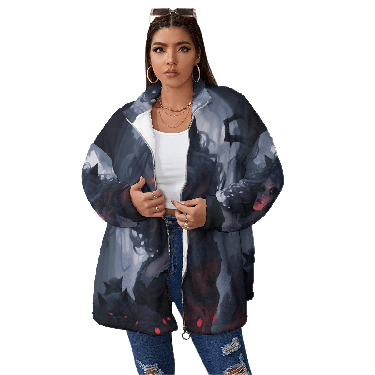 All-Over Print Unisex Borg Fleece Stand-up Collar Coat With Zipper Closure(Plus Size)