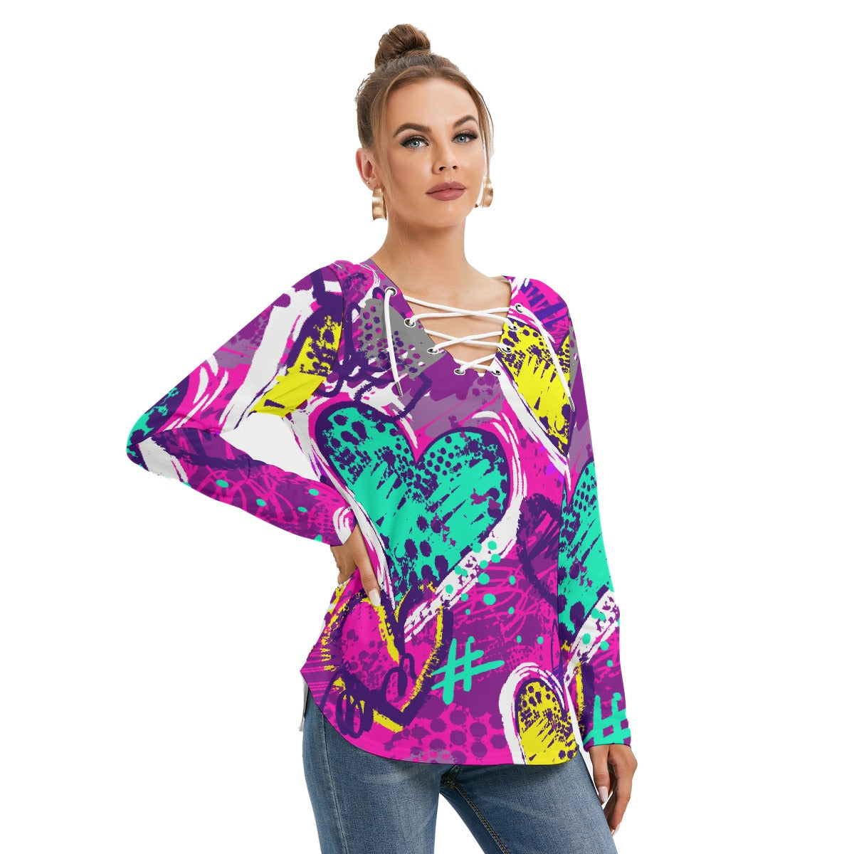 All-Over Print Women's Long Sleeve Neckline Tie Sweatshirt