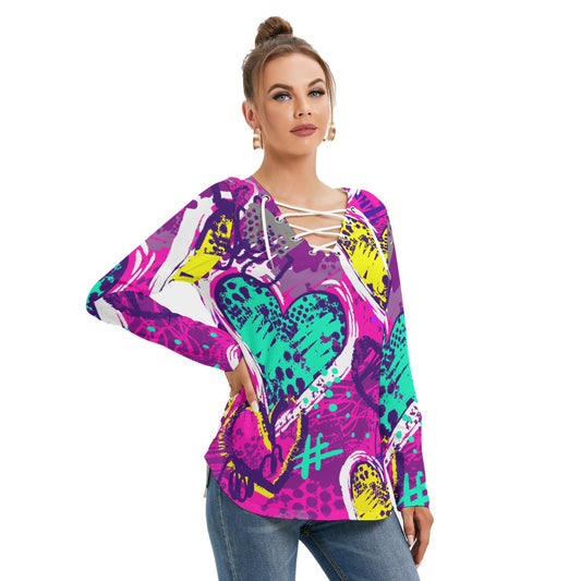 All-Over Print Women's Long Sleeve Neckline Tie Sweatshirt