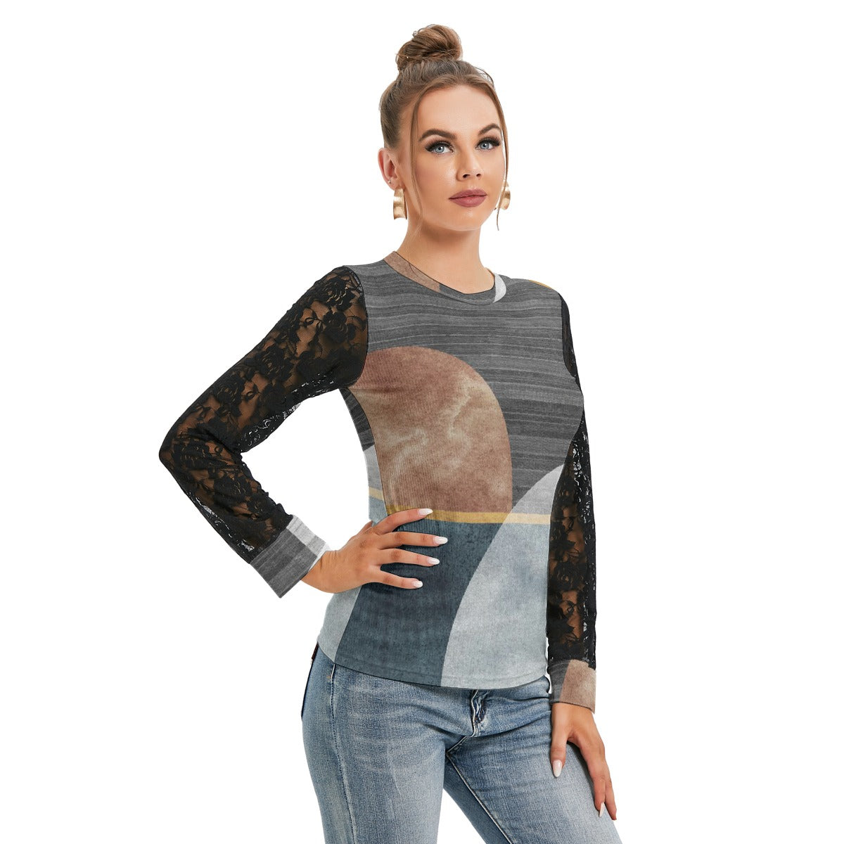 All-Over Print Women's T-shirt And Sleeve With Black Lace
