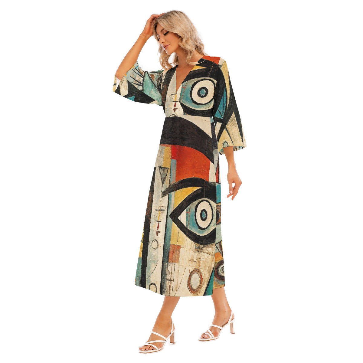 All-Over Print Women's Mid-Sleeve Long Dress