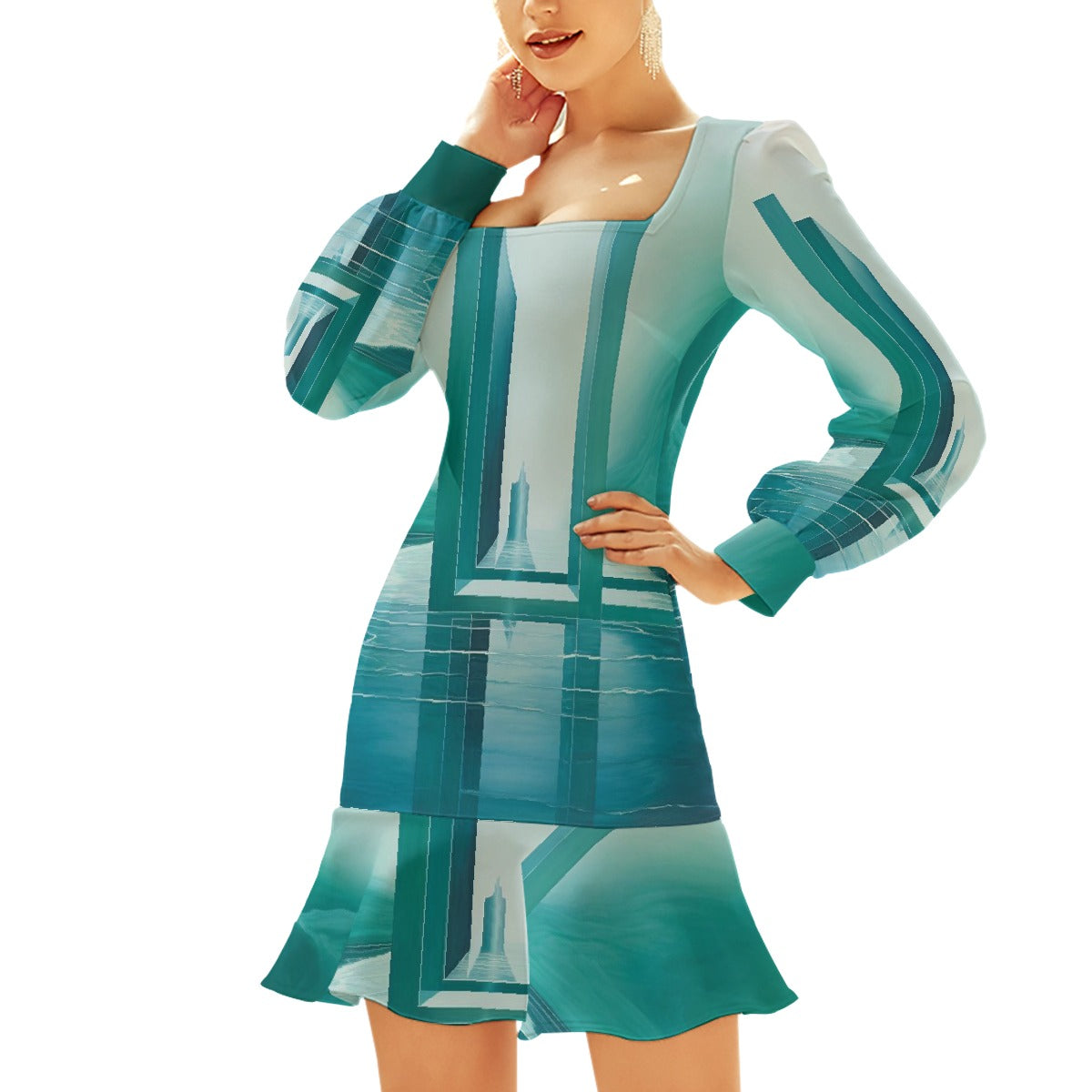 All-Over Print Women's Ruffle Hem Skinny Dress