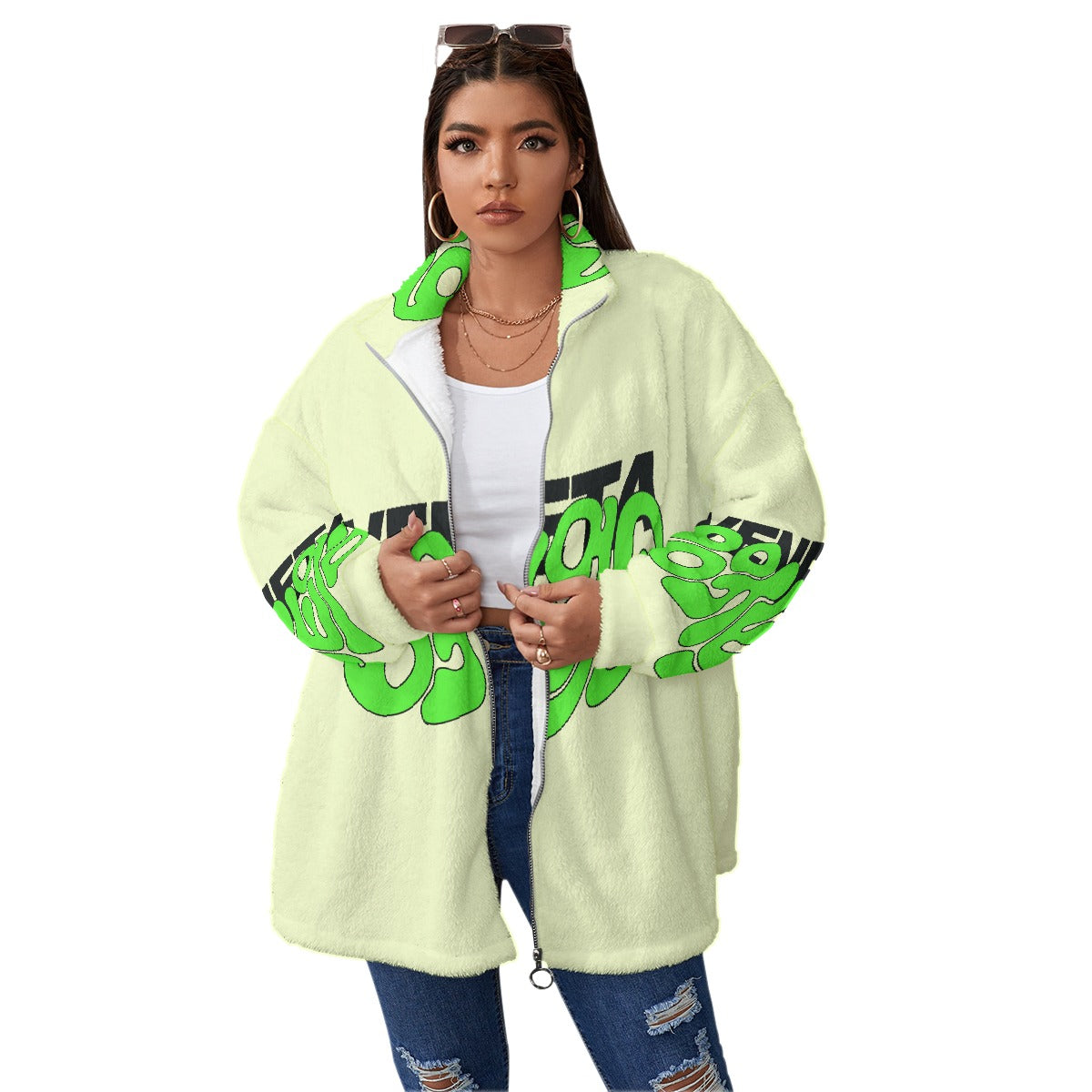 All-Over Print Unisex Borg Fleece Stand-up Collar Coat With Zipper Closure(Plus Size)