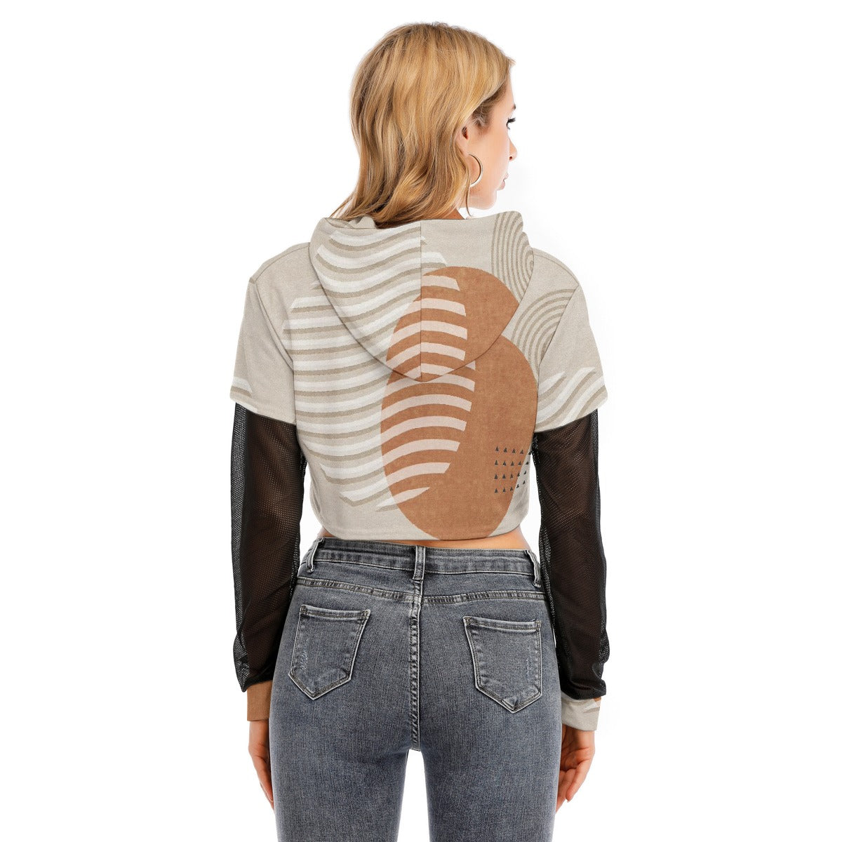 All-Over Print Women's Fake Two-piece Mesh Sleeve Cropped Hoodie