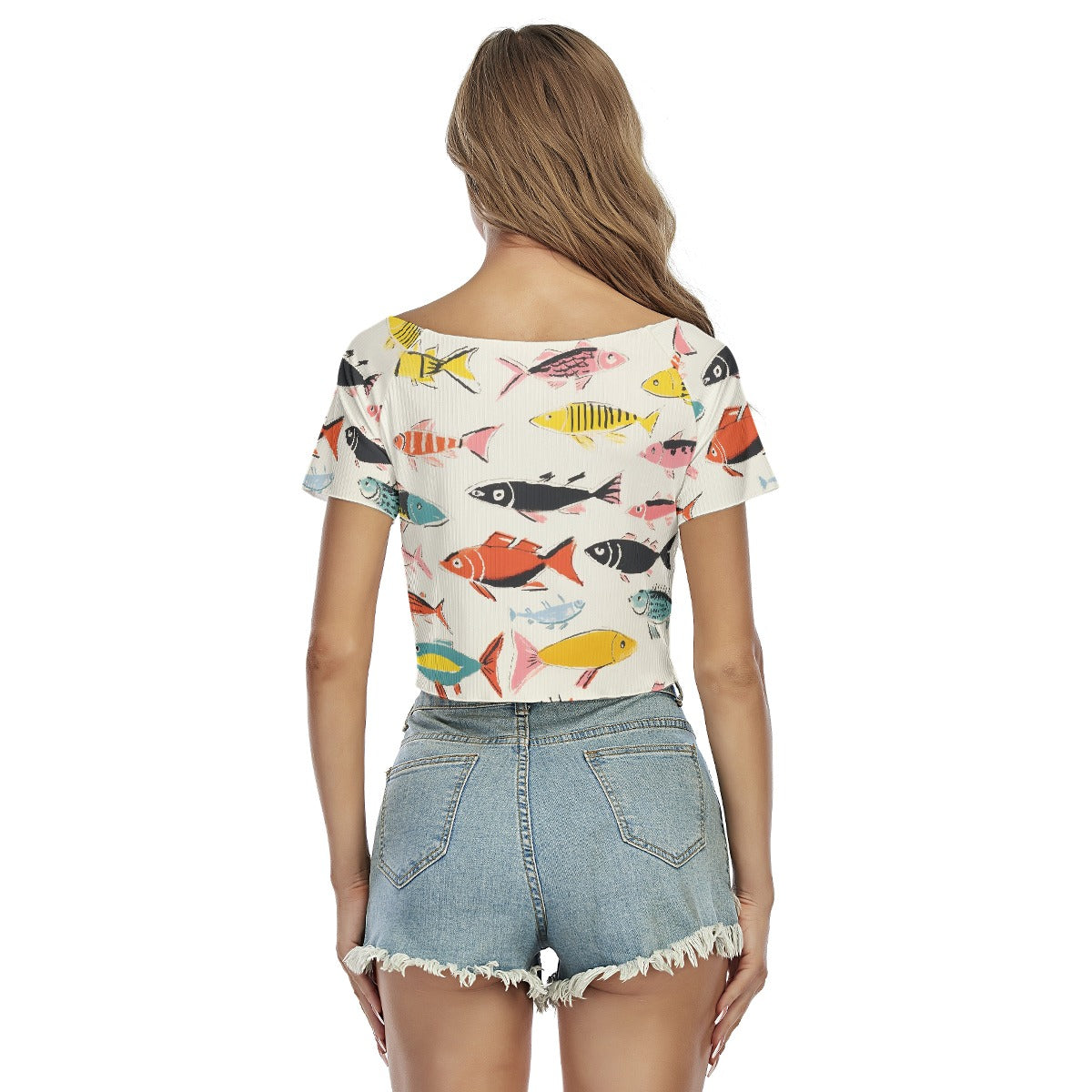 All-Over Print Women's Raglan Drawstring Front  Crop Tee