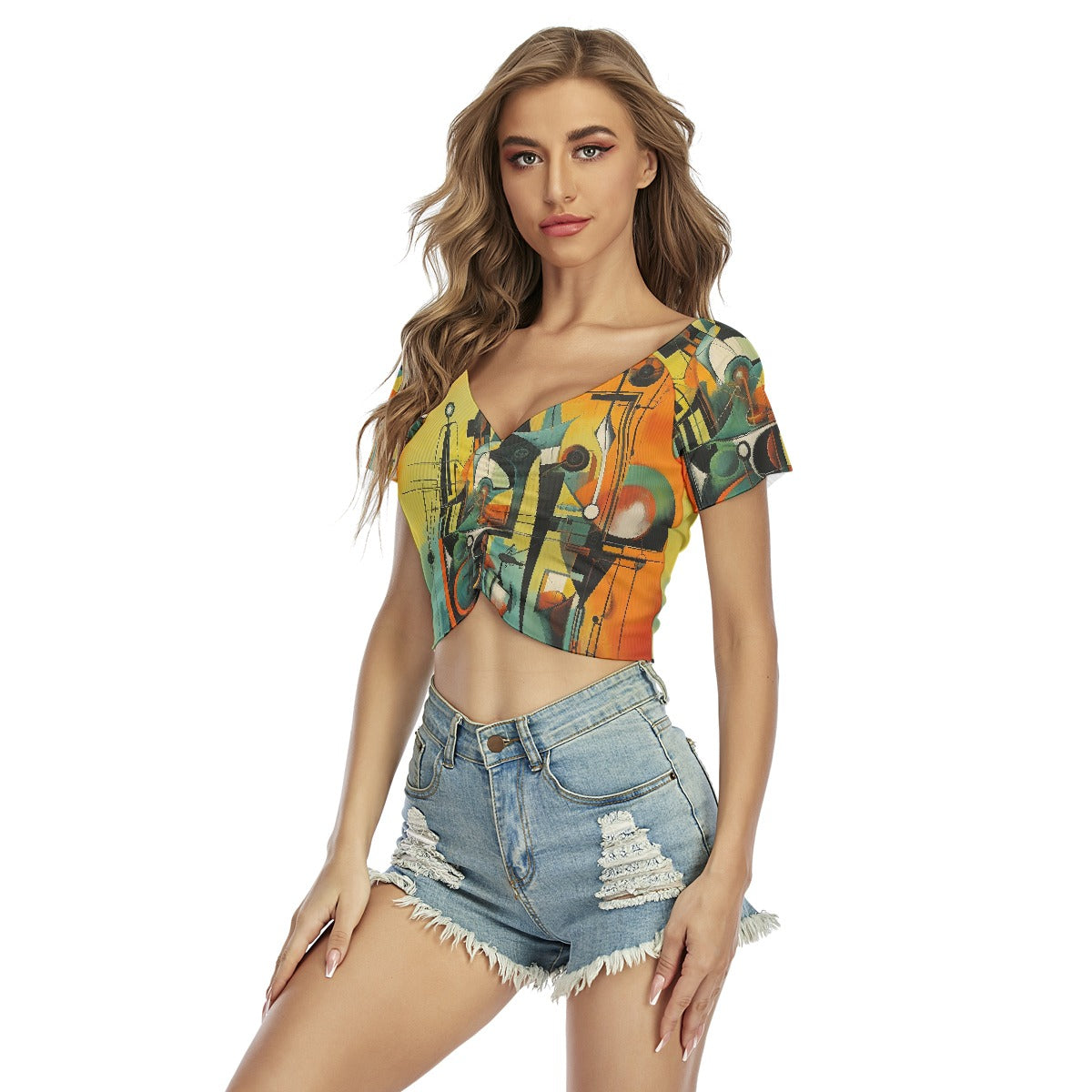 All-Over Print Women's Raglan Drawstring Front  Crop Tee