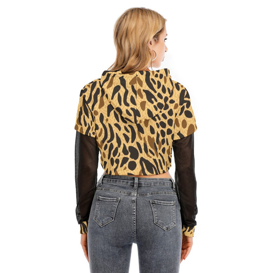 All-Over Print Women's Fake Two-piece Mesh Sleeve Cropped Hoodie