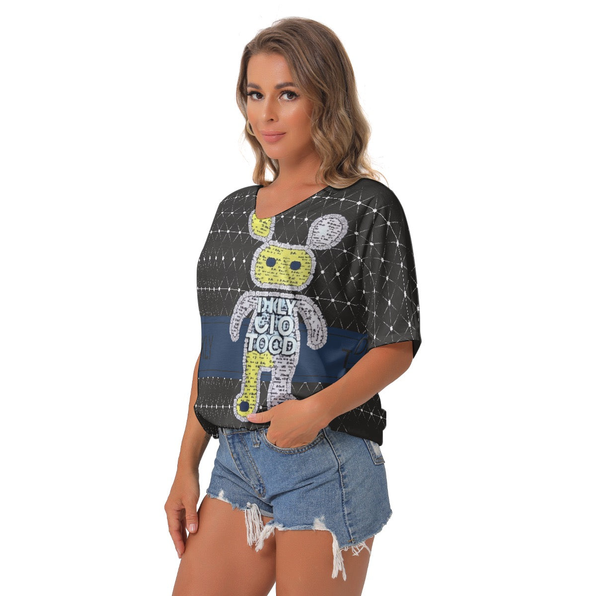 All-Over Print Women's Bat Sleeves V-Neck Blouse